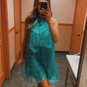 Anthropologie- MAEVE ORGANZA BOW-NECK MINI DRESS- Kelly Green